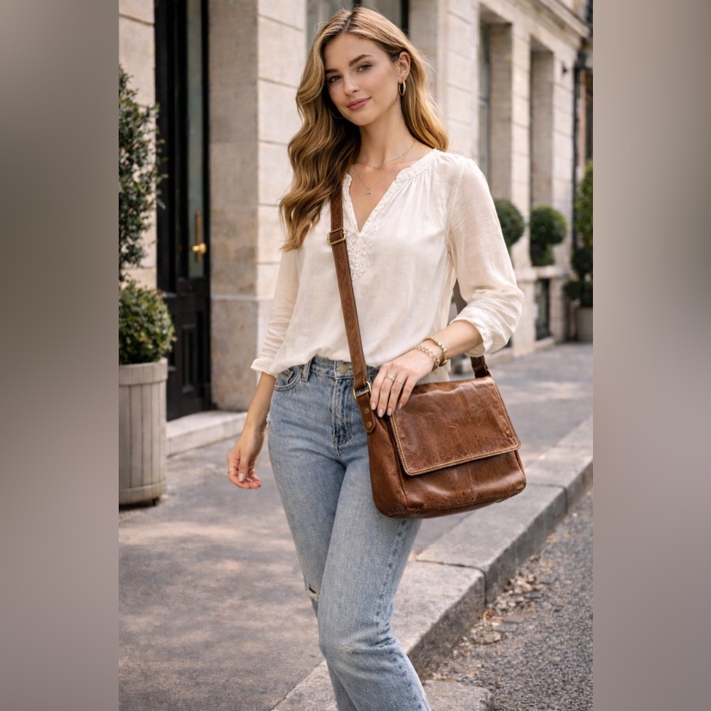 Sorpressa! Distressed Brown Leather Crossbody Bag Map Lining Boho